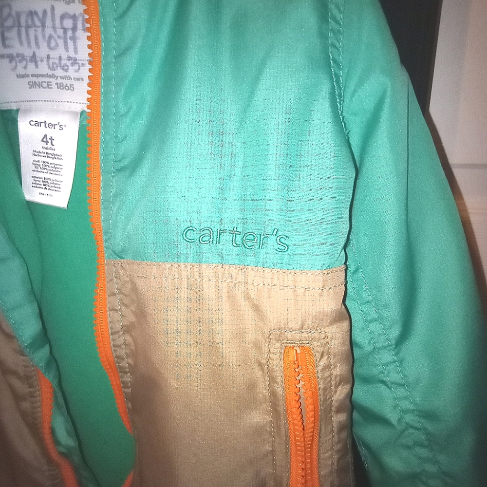 Carter's Kids raincoat sz 4T green/tan with orange trim with fleece lining